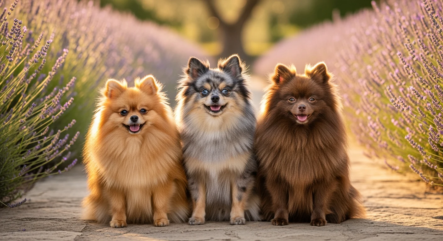 Trois Loulous de Pomeranie de couleurs differentes assis dans un jardin francais ensoleille